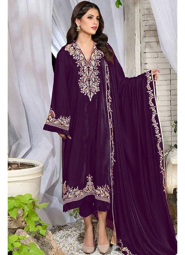 Pure Viscose Velvet Purple Eid Wear Embroidery Work Pakistani Suit